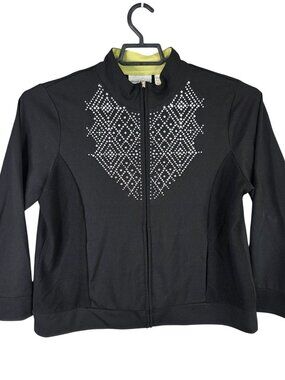 Womens Alfred Dunner Black Petite Full Zip Jacket Rhinestone Accents Size 16P